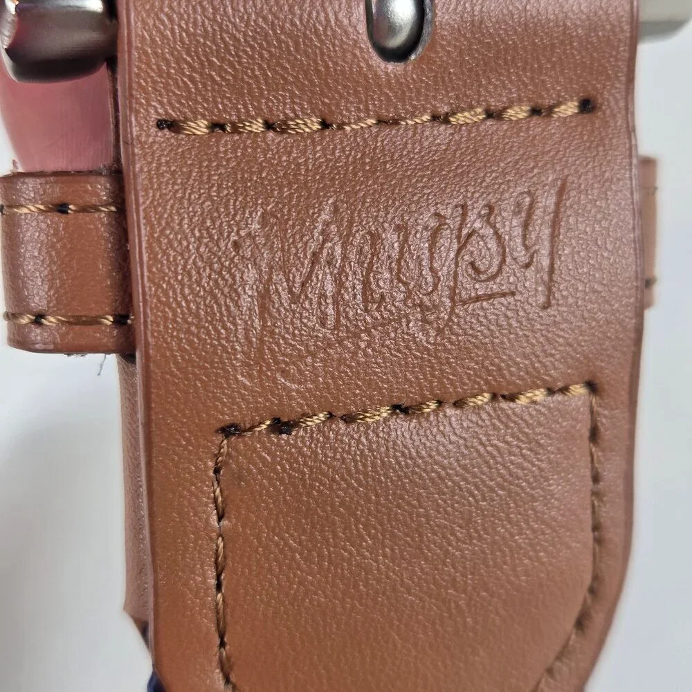 Mugsy Navy Blue Woven Belt Brown Tabs Brushed Silver Hardware One Size Fits Most